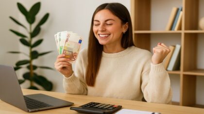 Femme souriante devant son ordinateur, tenant des billets en euros, avec une calculatrice sur le bureau