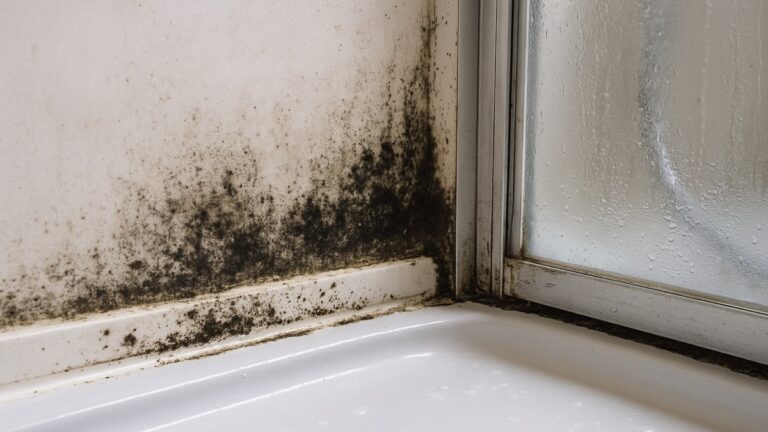 Moisissures visibles dans un coin de salle de bain à cause de l’humidité persistante