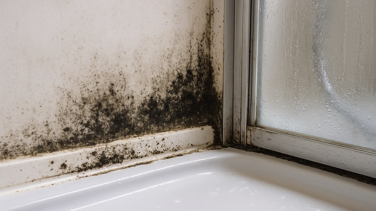 Moisissures visibles dans un coin de salle de bain à cause de l’humidité persistante