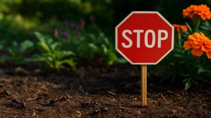Des fourmis marchent sur la terre d’un jardin devant un panneau “STOP” rouge, avec des fleurs visibles en arrière-plan