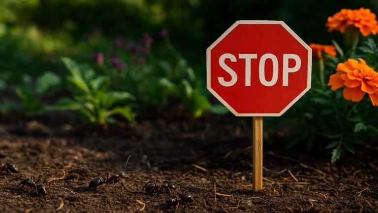 Des fourmis marchent sur la terre d’un jardin devant un panneau “STOP” rouge, avec des fleurs visibles en arrière-plan