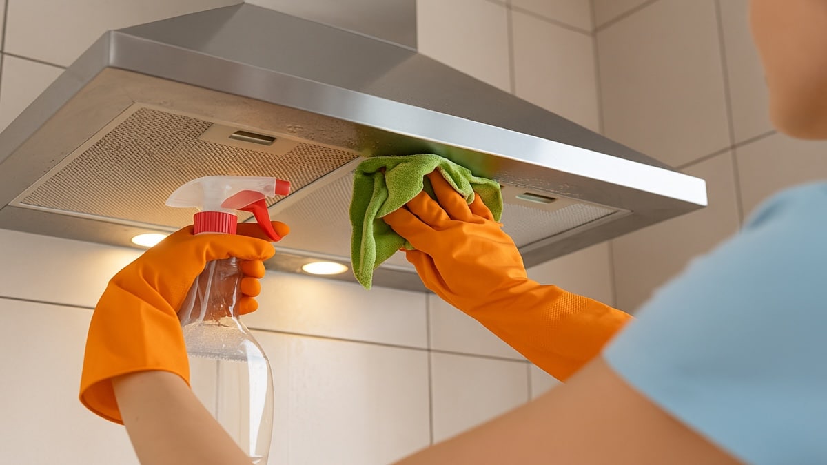 Personne en train de nettoyer une surface de cuisine avec une éponge, intérieur lumineux et propre, ambiance maison saine.