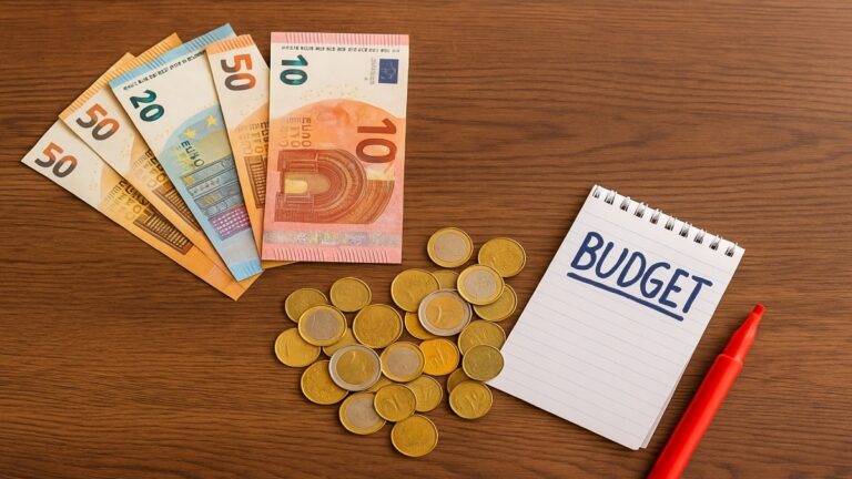 Gestion budgétaire à l’ancienne : billets en euros, calculatrice et carnet de notes sur une table, comment mieux gérer son budget en 2025