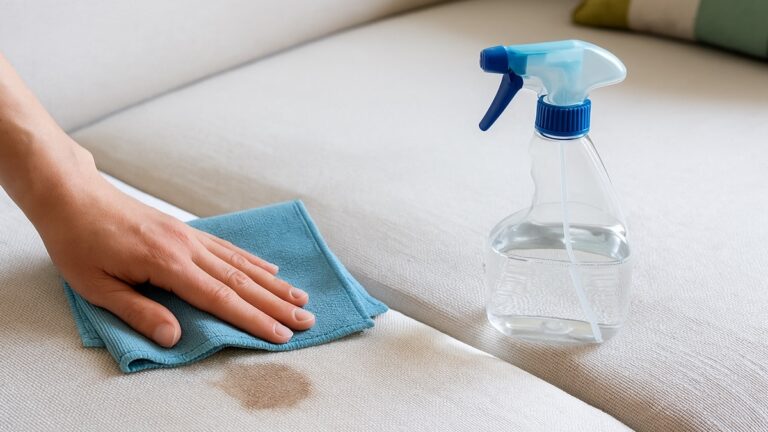 Nettoyage naturel d’un canapé en tissu clair avec une éponge douce