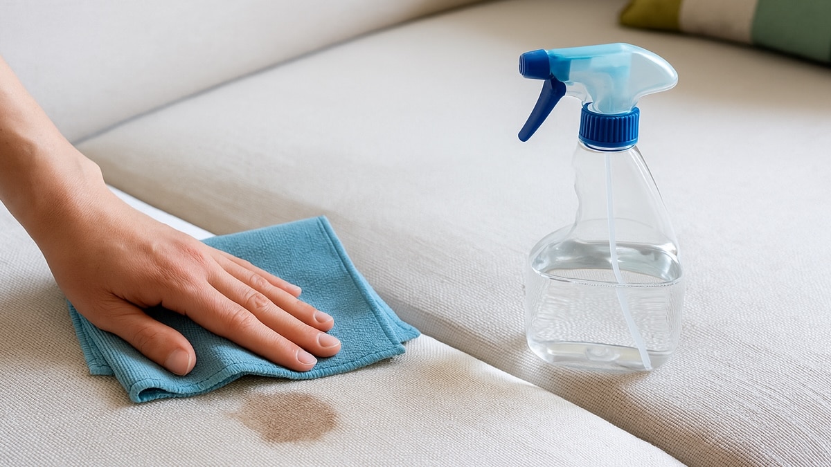 Nettoyage naturel d’un canapé en tissu clair avec une éponge douce
