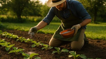 Un jardinier répand de l’engrais naturel au pied de jeunes plants dans un potager verdoyant