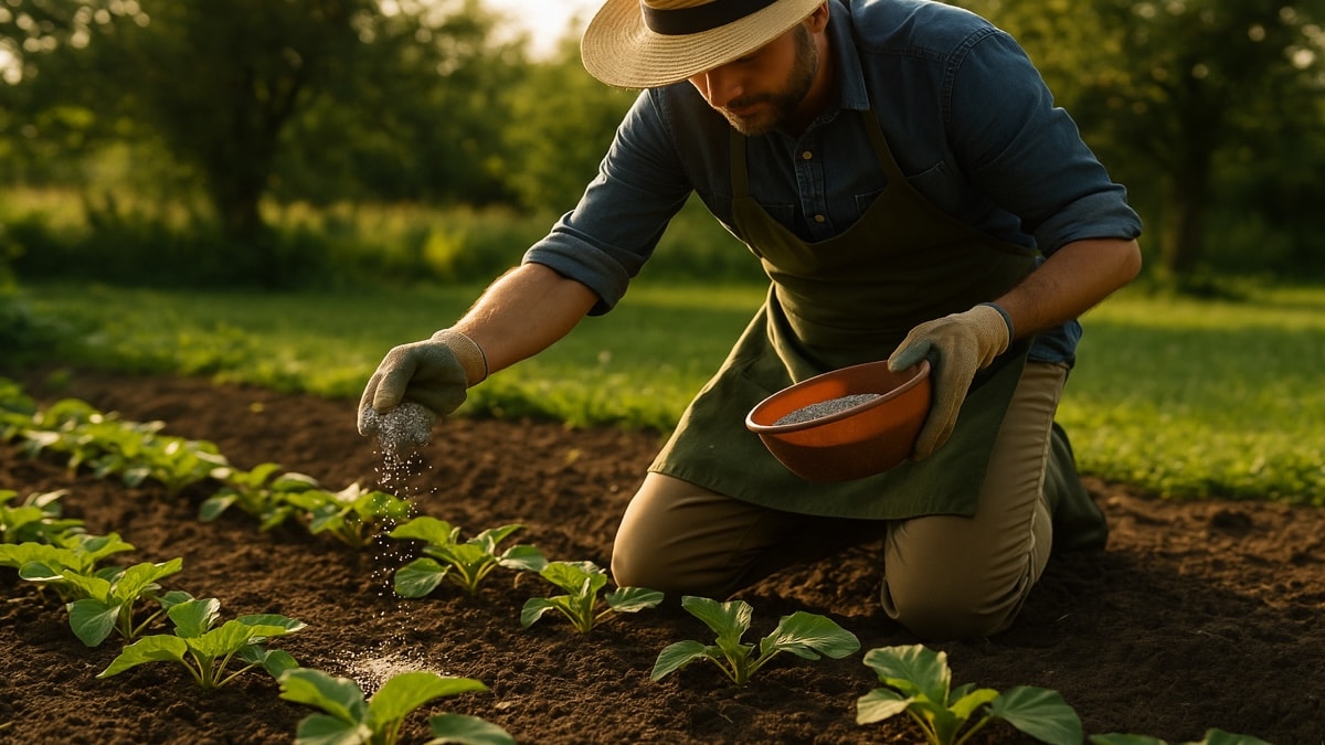 Un jardinier répand de l’engrais naturel au pied de jeunes plants dans un potager verdoyant
