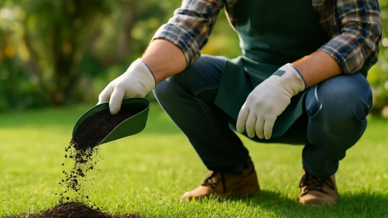 Un jardinier épand un engrais naturel dans son jardin pour favoriser la croissance du gazon