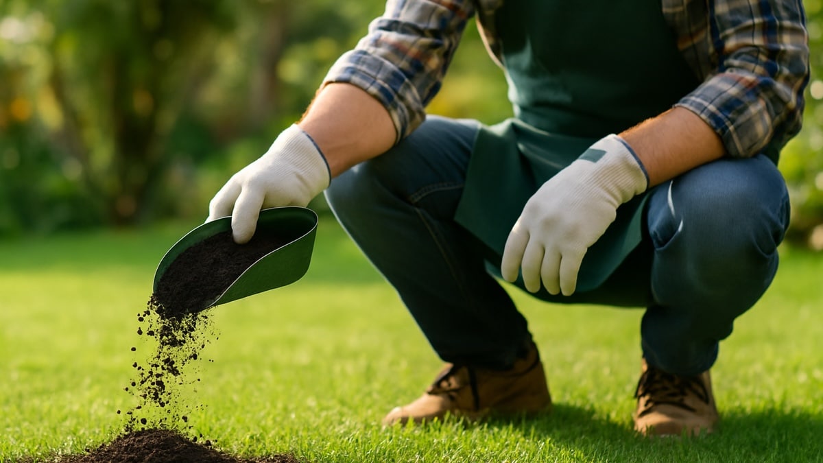 Un jardinier épand un engrais naturel dans son jardin pour favoriser la croissance du gazon
