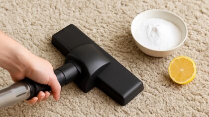 Une femme utilise du bicarbonate de soude pour éliminer naturellement les mauvaises odeurs d’un tapis