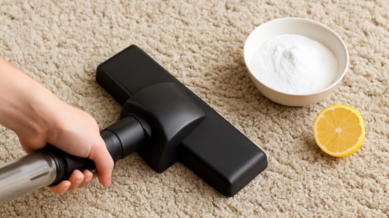 Une femme utilise du bicarbonate de soude pour éliminer naturellement les mauvaises odeurs d’un tapis