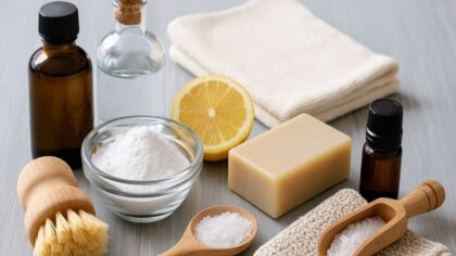 Flacons de produits ménagers faits maison posés sur une table en bois, avec des ingrédients naturels comme le vinaigre, le bicarbonate et le savon.
