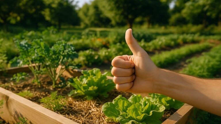 Jardin luxuriant avec potager surélevé et geste de pouce levé, symbole de réussite grâce à une technique zéro arrosage.