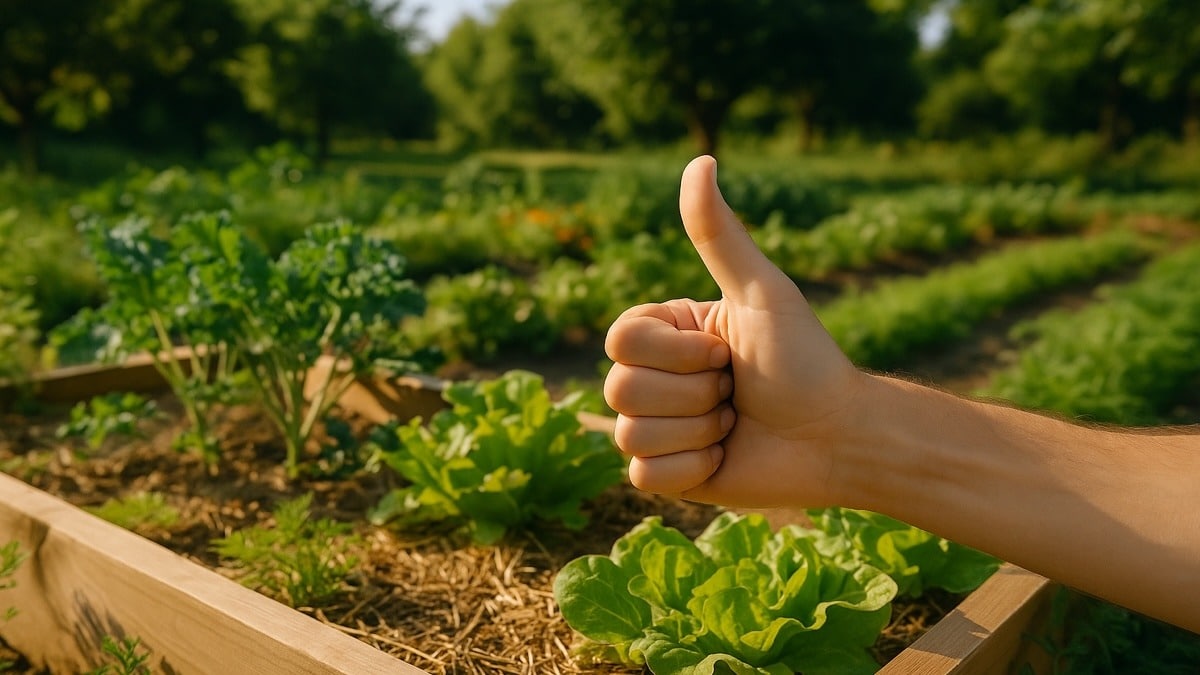 Jardin luxuriant avec potager surélevé et geste de pouce levé, symbole de réussite grâce à une technique zéro arrosage.