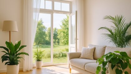 Salon lumineux avec baie vitrée ouverte sur un jardin verdoyant, décoré de plantes vertes pour un air plus pur