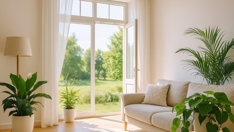 Salon lumineux avec baie vitrée ouverte sur un jardin verdoyant, décoré de plantes vertes pour un air plus pur