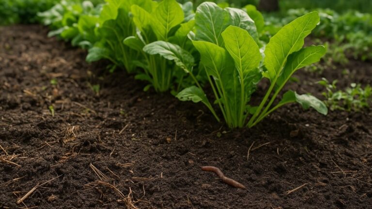 Sol de jardin riche et humide, recouvert de paillis, avec des vers de terre visibles en surface entre les racines et les feuilles