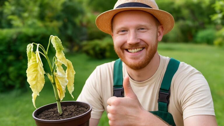 Un jardinier souriant montre un pouce levé à côté d’une plante fanée dans un pot, sur fond de jardin verdoyant