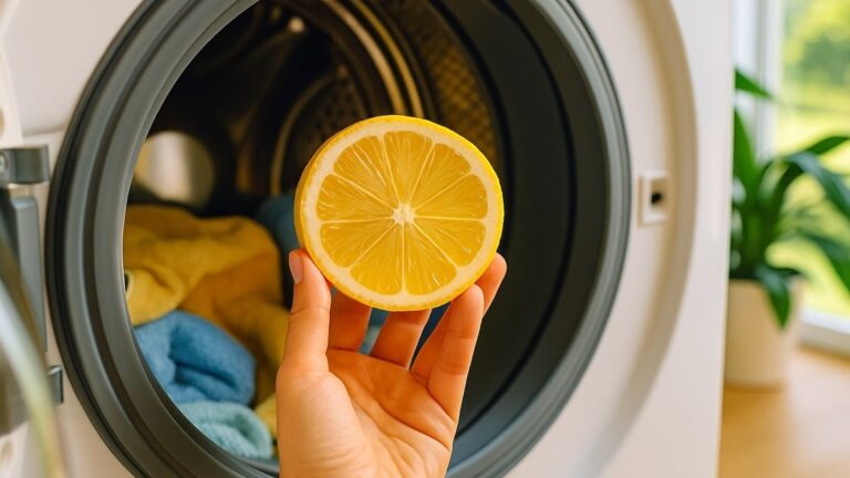 Main pressant un demi-citron au-dessus du tambour d’une machine à laver, illustrant une méthode naturelle pour éliminer les mauvaises odeurs