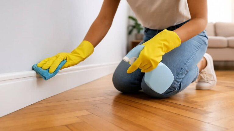 Personne nettoyant une plinthe avec des gants et un spray, sur un sol en bois