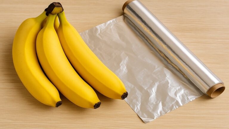 Trois bananes mûres et bien jaunes posées sur une table en bois, prêtes à être dégustées.