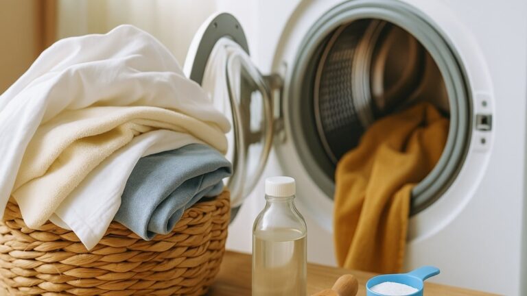 Panier de linge propre avec lessive et adoucissant naturels devant une machine à laver ouverte.