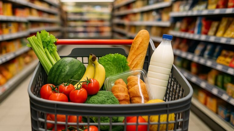Supermarché avec un chariot rempli d’aliments du quotidien pour faire ses courses à petit budget