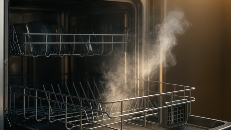 Lave-vaisselle ouvert avec de la vapeur parfumée s’échappant, évoquant un intérieur propre et frais.