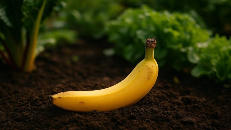 Banane fraîche posée sur un sol de jardin riche et sombre, prête à être utilisée comme engrais naturel