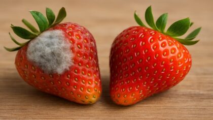 Comparaison entre une fraise moisie et une fraise fraîche pour illustrer l’importance de bien conserver ses fruits en été.