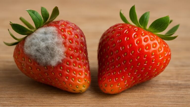 Comparaison entre une fraise moisie et une fraise fraîche pour illustrer l’importance de bien conserver ses fruits en été.