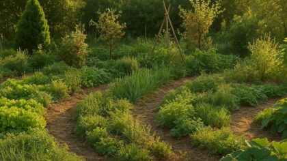 Jardin en permaculture avec buttes cultivées, paillage au sol et plantes variées en pleine croissance sous une lumière naturelle.
