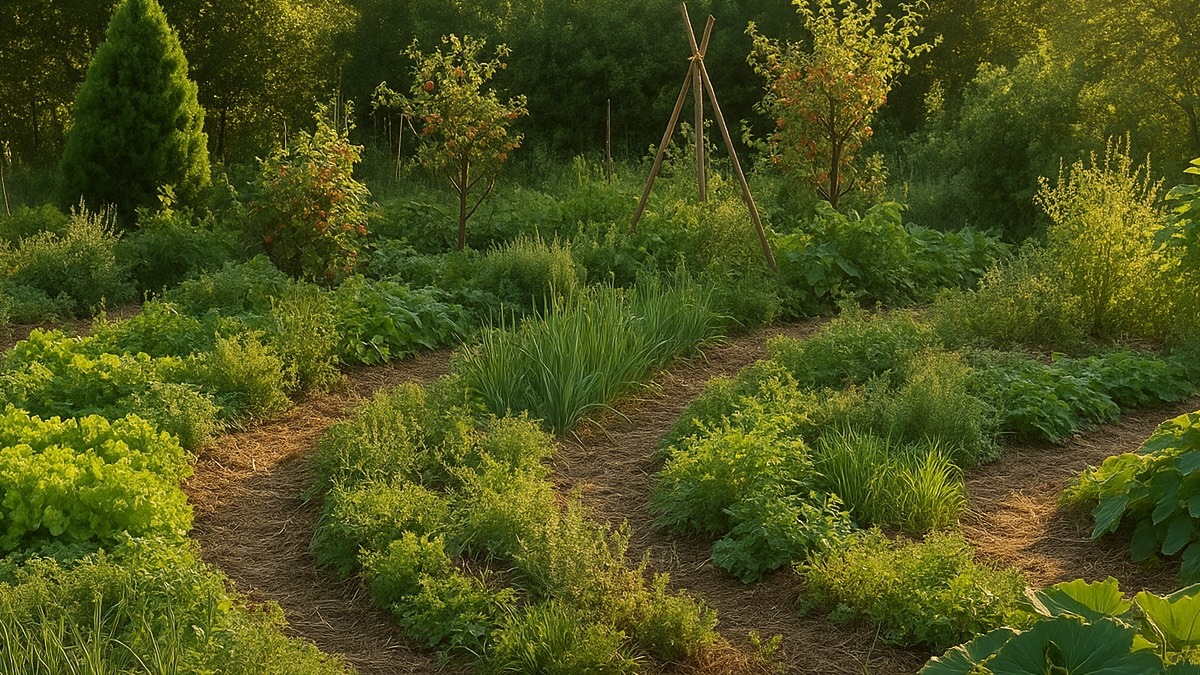 Jardin en permaculture avec buttes cultivées, paillage au sol et plantes variées en pleine croissance sous une lumière naturelle.