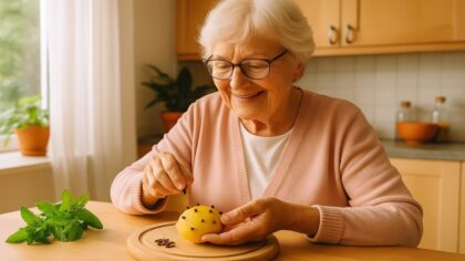 Grand-mère souriante préparant un citron piqué de clous de girofle avec des feuilles de menthe sur la table, remède naturel contre les mouches.
