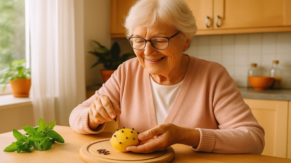 Grand-mère souriante préparant un citron piqué de clous de girofle avec des feuilles de menthe sur la table, remède naturel contre les mouches.