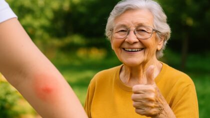Une grand-mère souriante levant le pouce à côté d’un bras présentant une piqûre d’insecte, illustrant un remède maison naturel