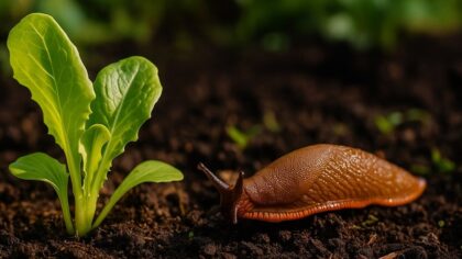 Gros plan sur une limace se dirigeant vers une jeune pousse de salade dans un sol humide, en plein soleil