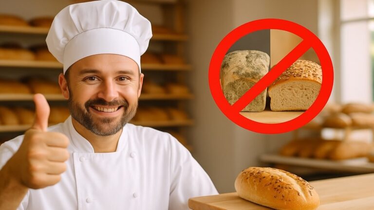 Boulanger souriant faisant un pouce levé devant un pain bien conservé à côté d’un pain moisi