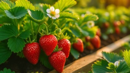 Fraises rouges et juteuses prêtes à être cueillies dans un potager ensoleillé, entourées de feuilles vertes éclatantes.