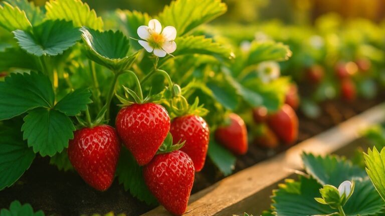 Fraises rouges et juteuses prêtes à être cueillies dans un potager ensoleillé, entourées de feuilles vertes éclatantes.