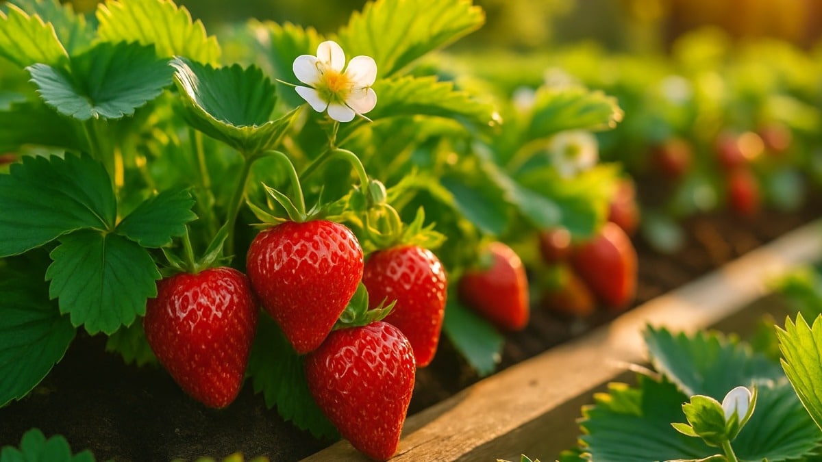 Fraises rouges et juteuses prêtes à être cueillies dans un potager ensoleillé, entourées de feuilles vertes éclatantes.