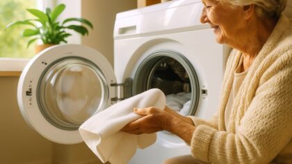 Vieille dame souriante plaçant du linge dans une machine à laver, éclairée par une lumière naturelle. La méthode pour un ligne éclatant
