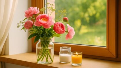 fleurs coupées dans un vase en verre sur un rebord de fenêtre, accompagné d’un pot de sucre et d’une bougie allumée, avec un jardin verdoyant en arrière-plan.