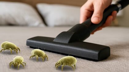 Gros plan sur un matelas traité contre les acariens avec un spray naturel, dans une chambre lumineuse et bien entretenue