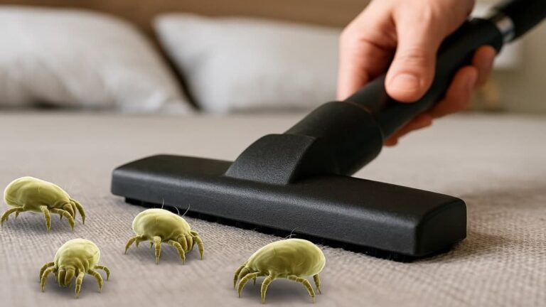 Gros plan sur un matelas traité contre les acariens avec un spray naturel, dans une chambre lumineuse et bien entretenue