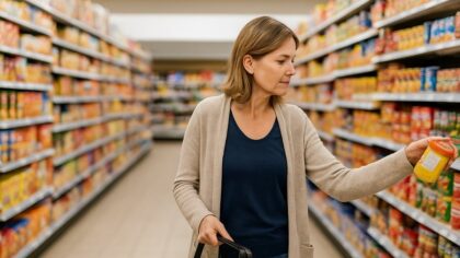 Femme d’âge moyen faisant ses courses dans un supermarché, examinant les produits frais en rayon.