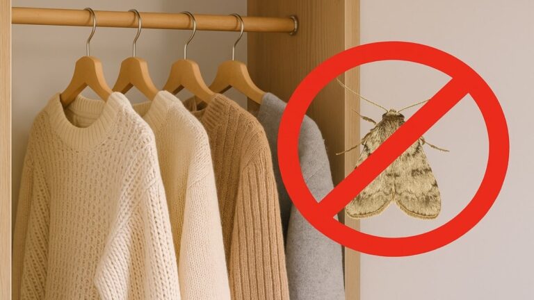 Pulls en laine suspendus dans un dressing, protégés contre les mites grâce à une solution naturelle