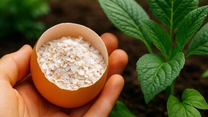 Main tenant une demi-coquille d’œuf remplie de morceaux broyés, devant des jeunes plants dans un jardin verdoyant
