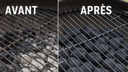 Grille de barbecue à charbon montrée avant et après nettoyage : à gauche, sale et encrassée ; à droite, propre et brillante