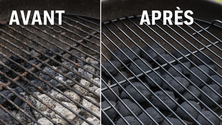 Grille de barbecue à charbon montrée avant et après nettoyage : à gauche, sale et encrassée ; à droite, propre et brillante